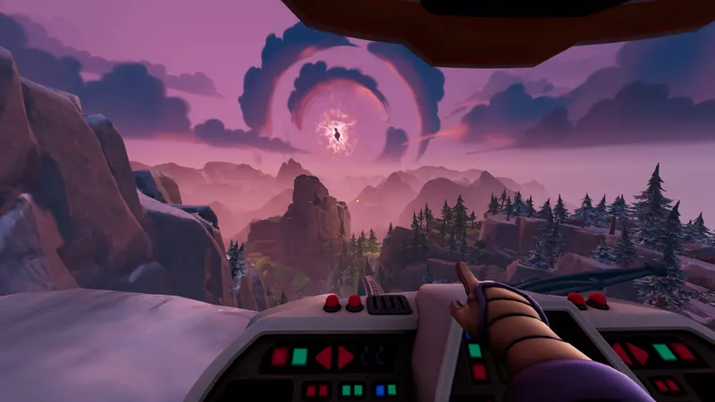 A lone explorer walking a pink-lit corridor toward the light